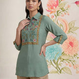 Aaroh Green Cotton Blend Embroidered Tunic