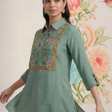 Aaroh Green Cotton Blend Embroidered Tunic