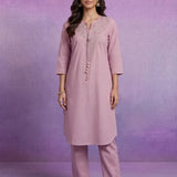 Pink Cotton Slub Resham Zari Embroidered Kurta Set