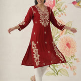 Yashvi Red Cotton Blend Embroidered Kurta