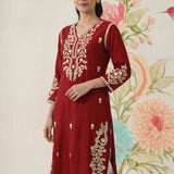 Yashvi Red Cotton Blend Embroidered Kurta
