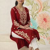 Yashvi Red Cotton Blend Embroidered Kurta