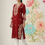 Yashvi Red Cotton Blend Embroidered Kurta