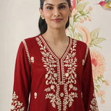Yashvi Red Cotton Blend Embroidered Kurta