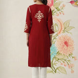 Yashvi Red Cotton Blend Embroidered Kurta