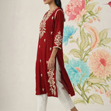 Yashvi Red Cotton Blend Embroidered Kurta