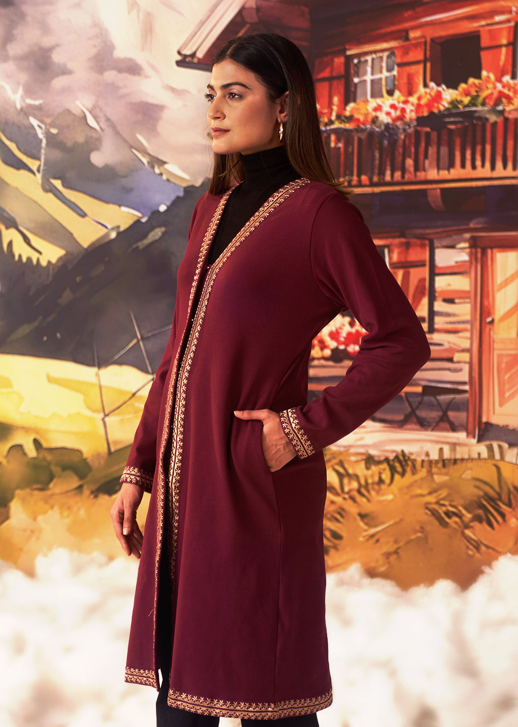 Apparels Long Woolen Shrugs For Womens Jia Maroon Embroidered