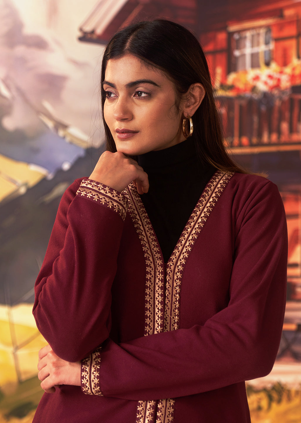 Jia Maroon Embroidered Brushed Wool Shrug for Women – Lakshita