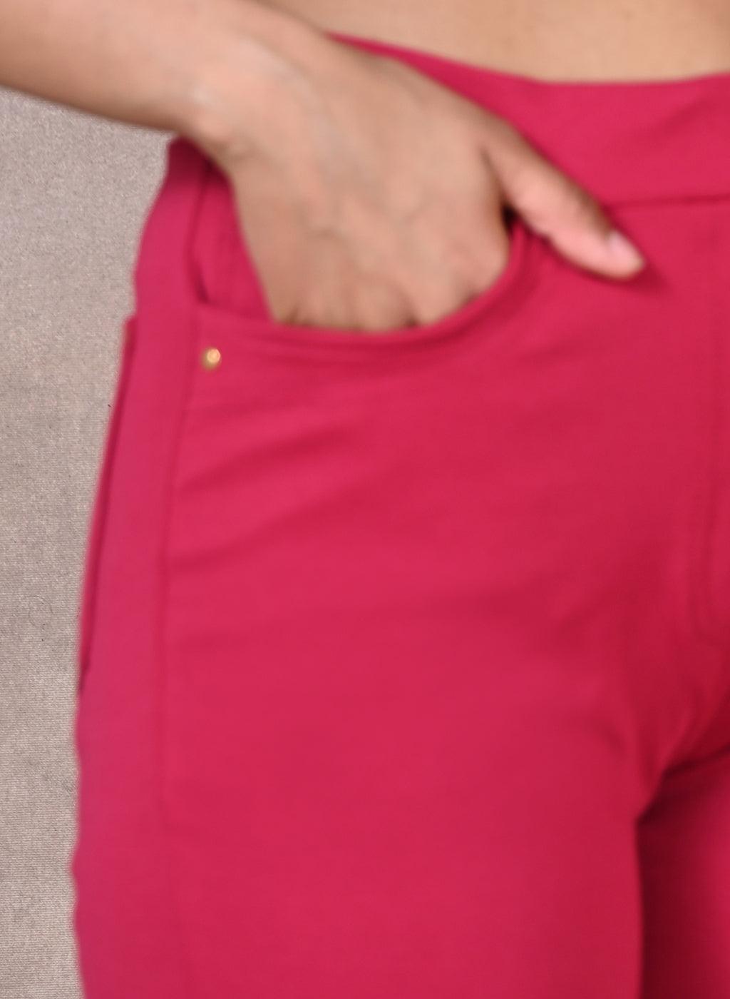 Pink Solid Elastic Jegging with Pocket and Rivets Detailing - Lakshita