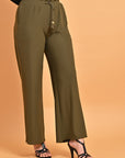 Olive Green Textured Flared Palazzo with Tessel Details