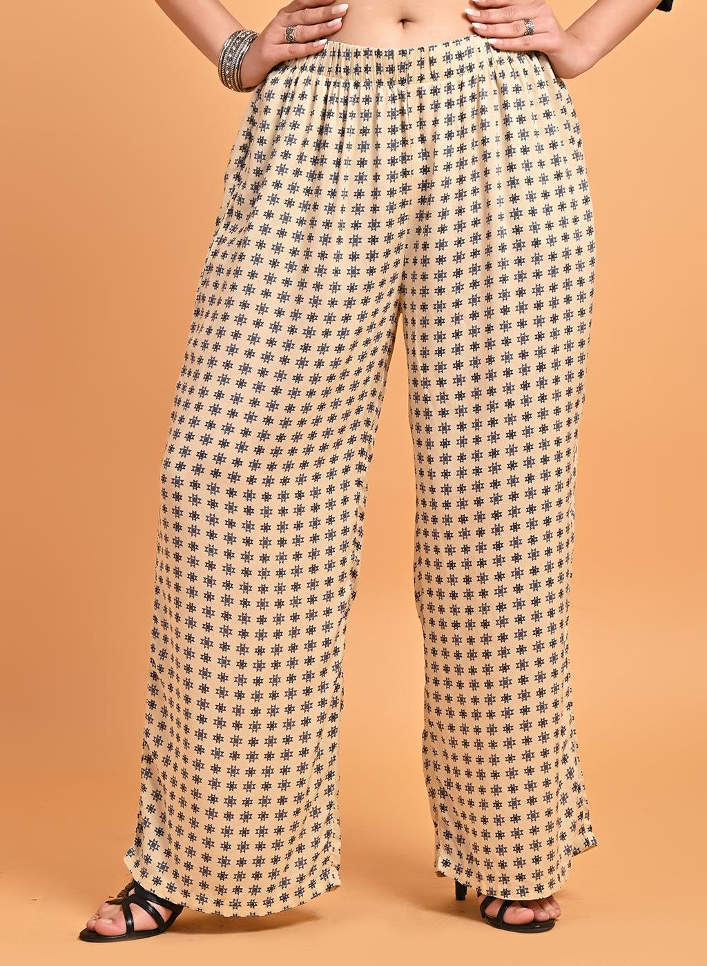 Flared Fit Printed Navy Blue & Cream Palazzo - Lakshita