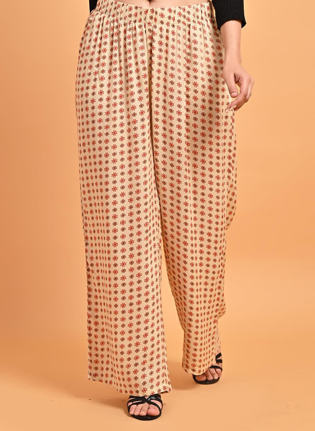 Flared Fit Printed Red & Cream Palazzo - Lakshita