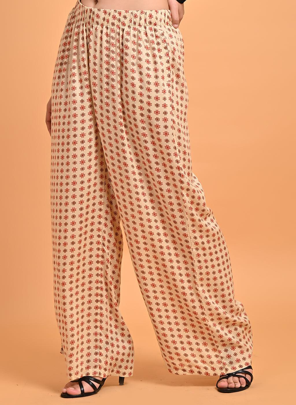 Flared Fit Printed Red & Cream Palazzo - Lakshita