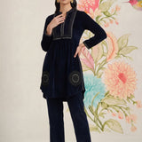 Firdaus Navy Embroidered Velvet Co-ord Set for Women