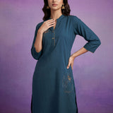 Teal Applique-work Kurta Set