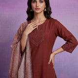 Rust Silk Embroidered A-Line kurta set with Dupatta