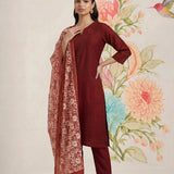 Ragini Maroon Embroidered Straight Suit Set with Dupatta