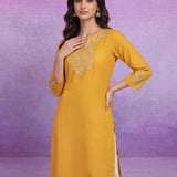 Yellow Floral Embroidered Straight Kurti