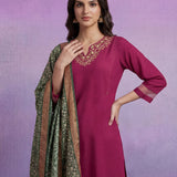 Fuchsia Embroidered Suit Set with contrast Dupatta