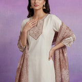 Ivory Silk Embroidered A-Line Kurta set with Dupatta