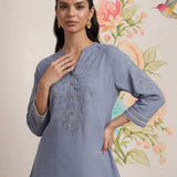 Celia Smokey Blue Embroidered Rayon Top for Women