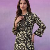 Black Ikat Printed Kurta Set with Dori Embroidery