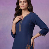 Blue Cotton Blend Embroidered Kurta Set