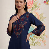 Zahra Royal Blue Embroidered Cotton Slub Kurti for Women