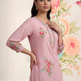 Saavan Pink Embroidered Cotton blend Kurta Set