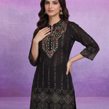 Black Pure Cotton Bandhani Print Straight Kurta with Mirror Embroidery & Palazzo Set