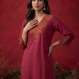 Fuchsia Embroidered Cotton Blend Regular Kurta Set
