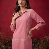 Peach Embroidered Cotton Blend Regular Co-ord Set