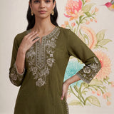 Sarina Olive Embroidered Cotton Co-ord Set for Women