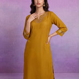 Mustard Embroidered Suit Set with contrast Dupatta