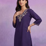 Purple Cotton Blend Embroidered Sequin Work Kurta set with Dupatta