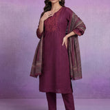Wine Embroidered Suit Set with Dupatta