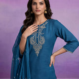 Blue Embroidered Straight Suit Set with Dupatta