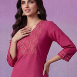 Fuchsia Cotton Blend Embroidered Kurta Set