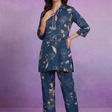 Blue Cotton Blend Printed Sequin Co-ord Set