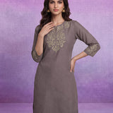 Lavender Floral Embroidered Straight Kurti