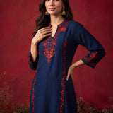 Navy Blue Embroidered Cotton Blend Everyday Kurta