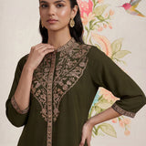 Olive Kurta Set With Intricate Embroidery