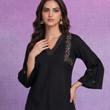 Black Embroidered V-Neck Co-ord Set
