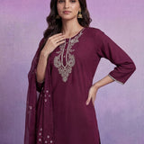 Wine Embroidered Straight Suit Set with Dupatta