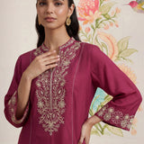 Saroja Dark Fuchsia Embroidered A-line Kurta Set