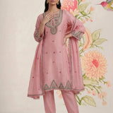 Albeli Baby Pink Embroidered A-line Suit Set with Dupatta