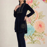 Firdaus Navy Embroidered Velvet Co-ord Set for Women