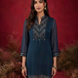 Dark Teal Embroidered Chinon Tunic