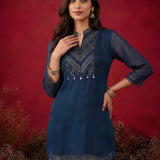 Dark Teal Embroidered Chinon Tunic