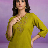 Green Embroidered Cotton blend Kurta Set